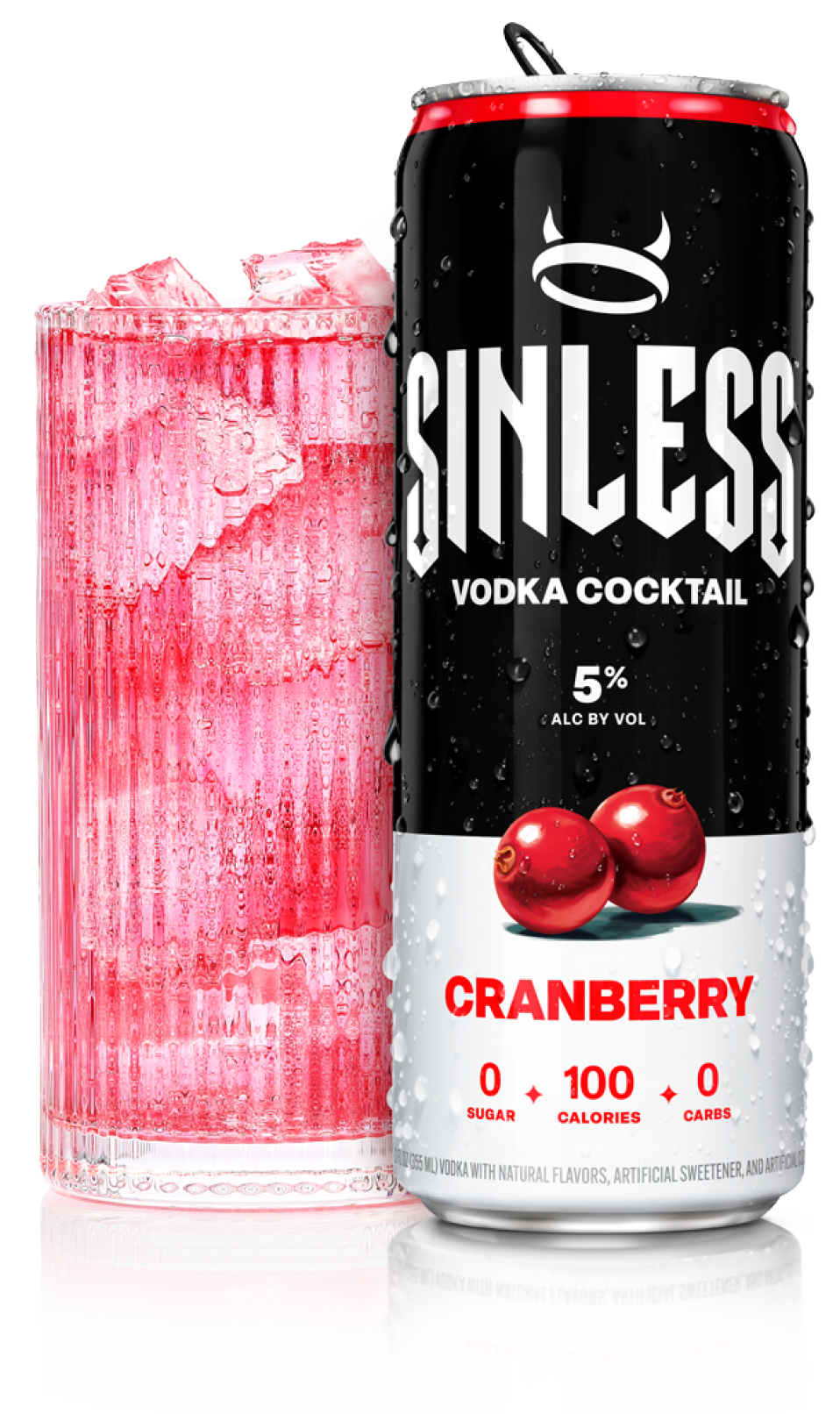 A can of Sinless Cranberry Cocktail with cranberries on the label