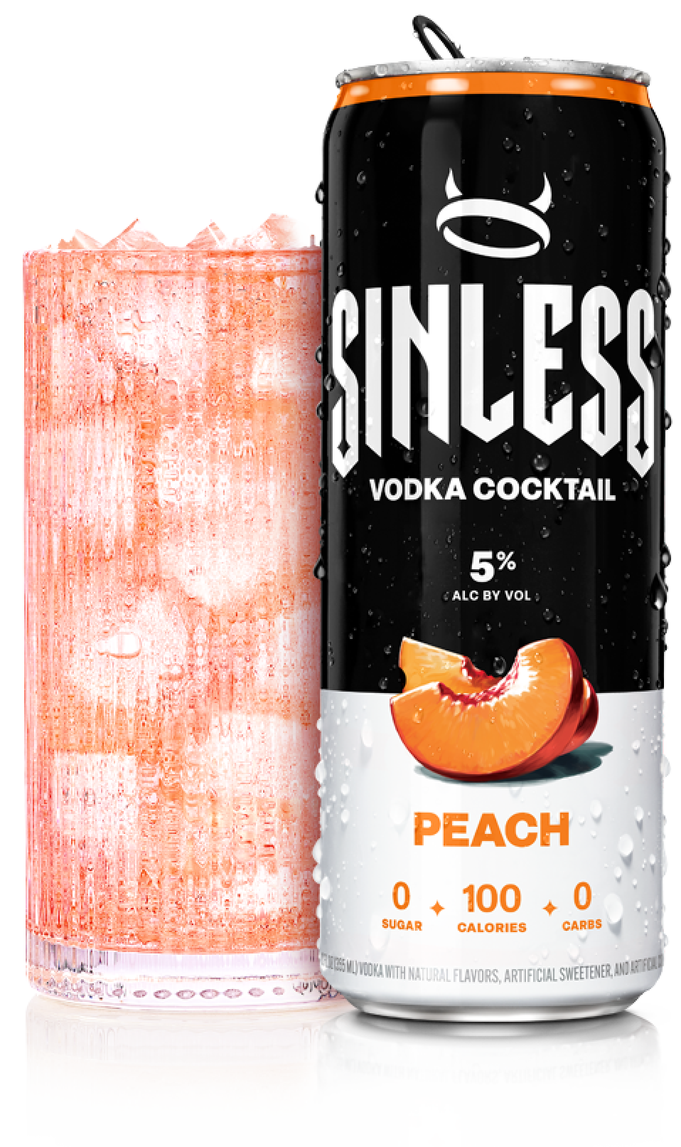 A can of Sinless Peach Cocktail with cut peaches on the label