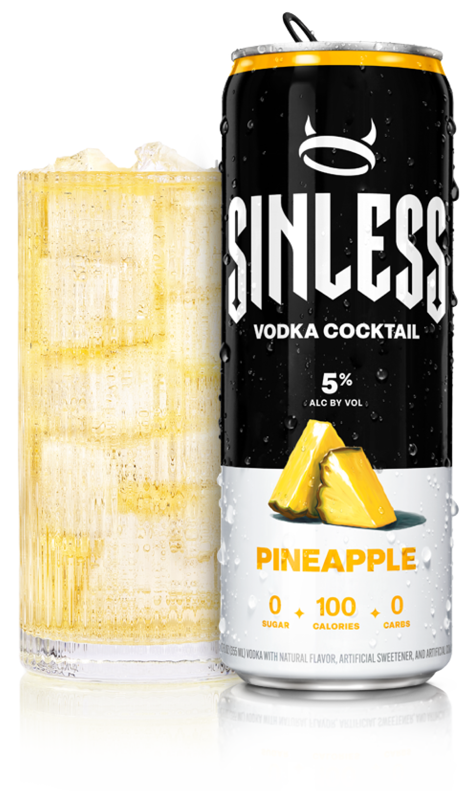 A can of Sinless Pineapple Cocktail with cut pineapple on the label