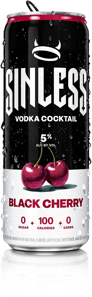 A can of Sinless Black Cherry Cocktail with black cherries on the label