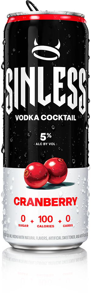 A can of Sinless Cranberry Cocktail with cranberries on the label
