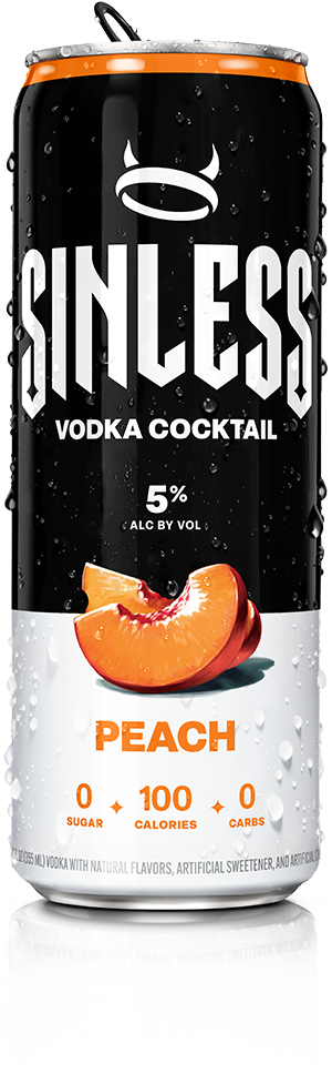 A can of Sinless Peach Cocktail with cut peaches on the label