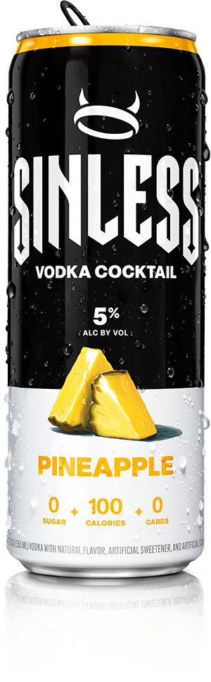 A can of Sinless Pineapple Cocktail with cut pineapple on the label