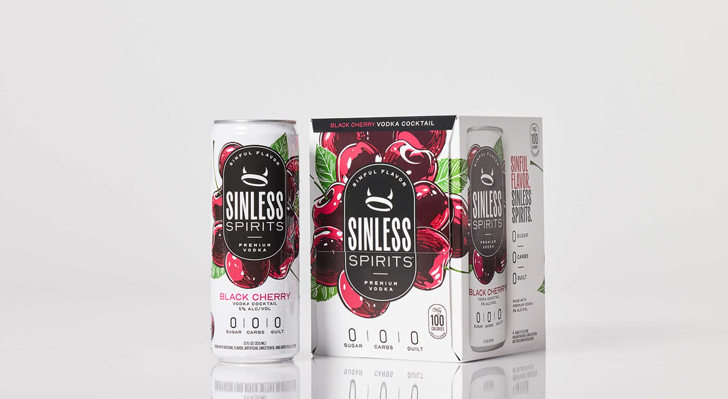 can of sinless spirits black cherry next to a 4-pack box