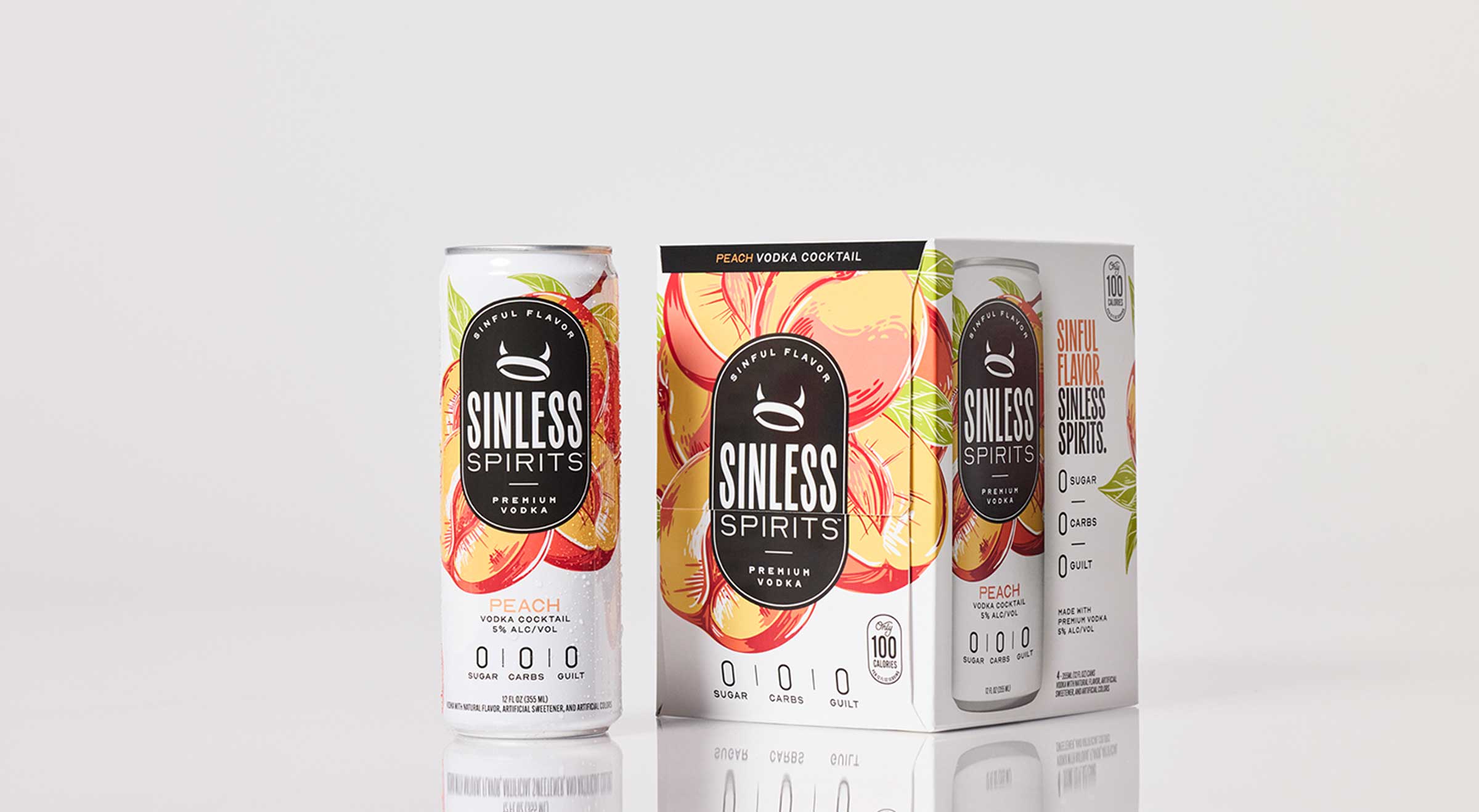 can of sinless spirits peach next to a 4-pack box