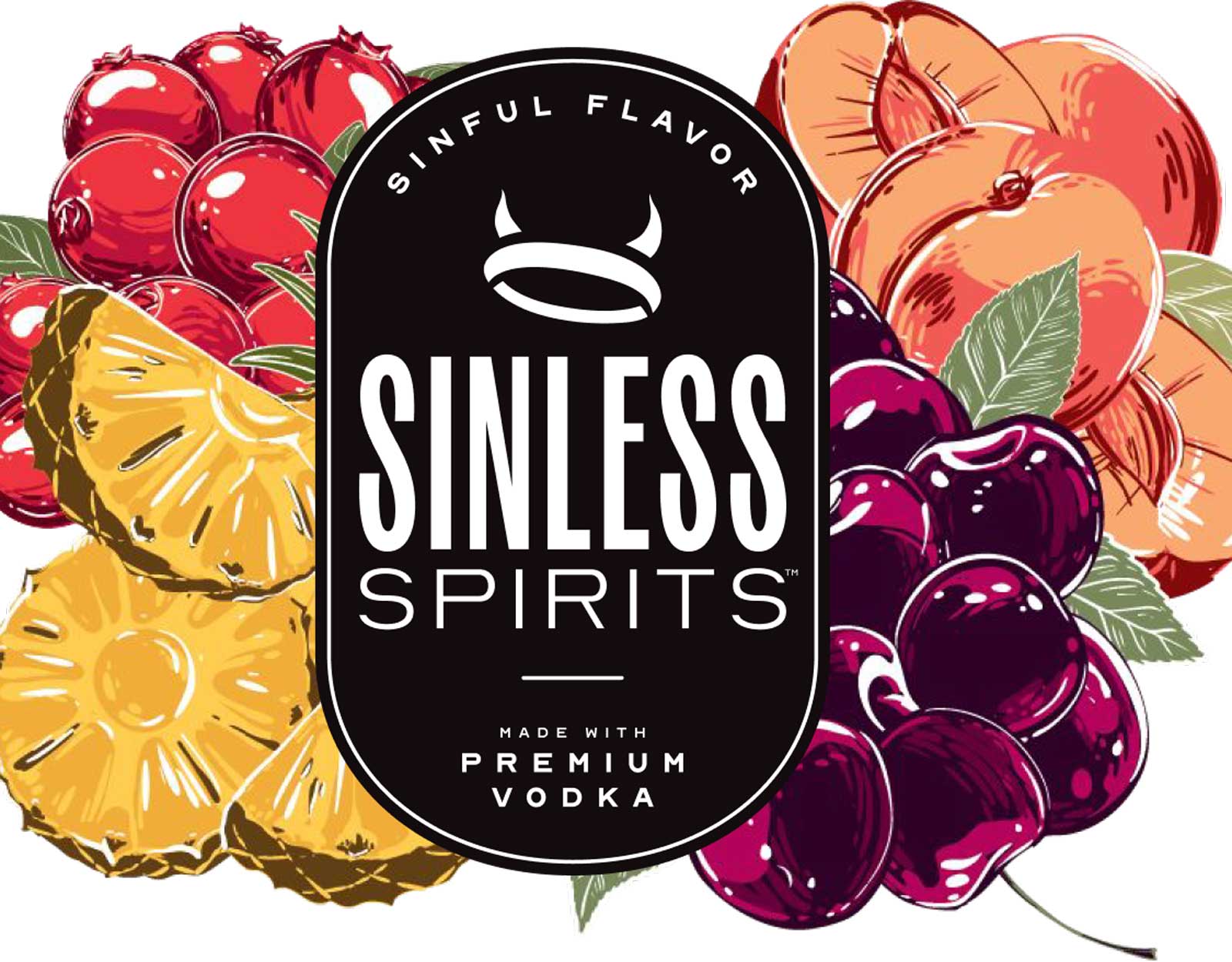 sinless spirits logo in front of illustrated fruit