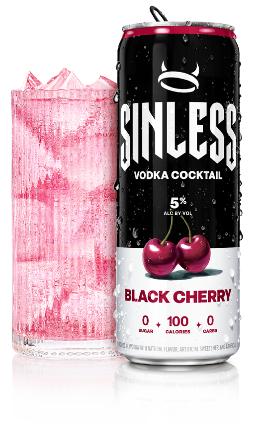 A can of Sinless Black Cherry Cocktail with cut black cherries on the label