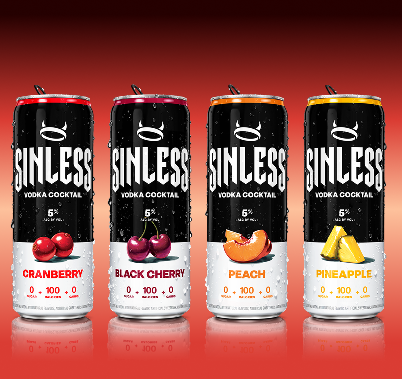 All four flavors of Sinless Vodka Cocktails in a row. Cranberry, Black Cherry, Peach, Pineapple.